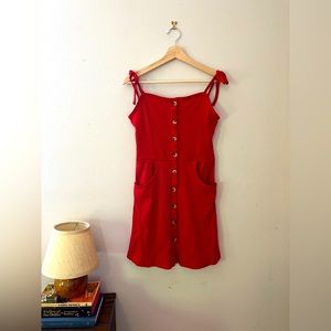 Red Tie Top Mini Dress with buttons and pockets